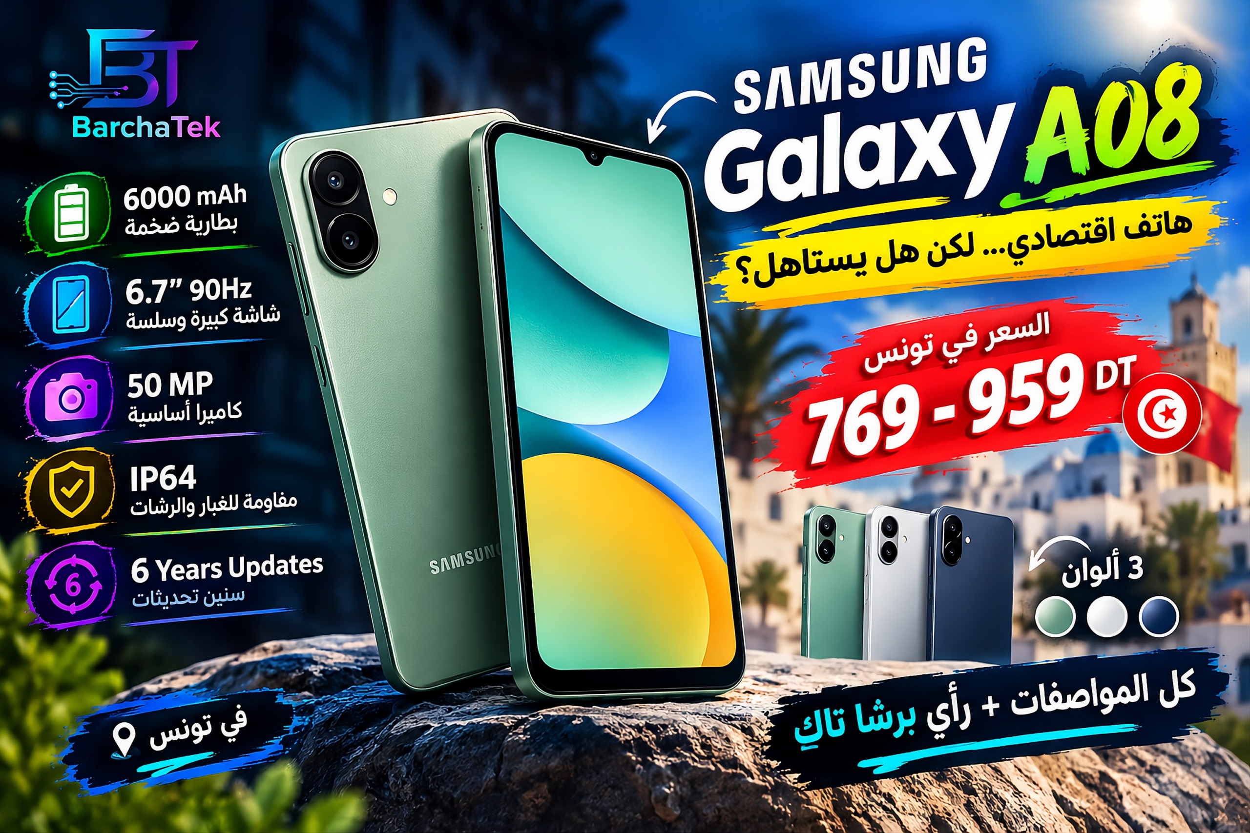 Samsung Galaxy A08 vert : prix et caractéristiques en Tunisie 2026